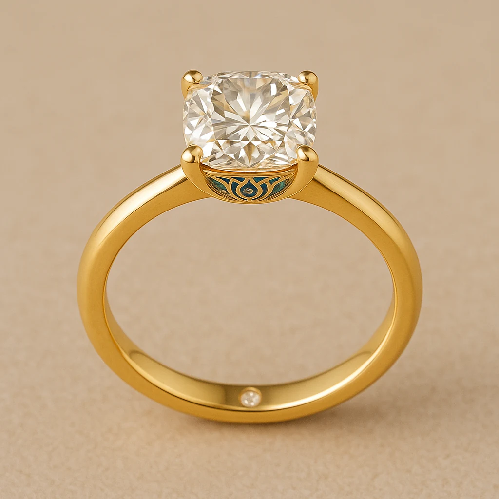 Cushion ring in yellow gold, rear-profile view