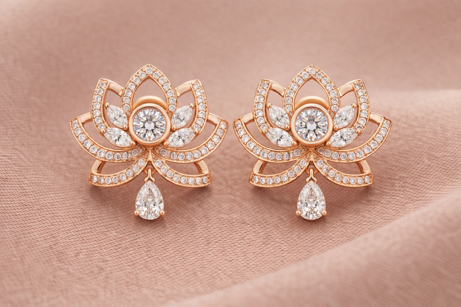 Pear earrings in rose gold, front view