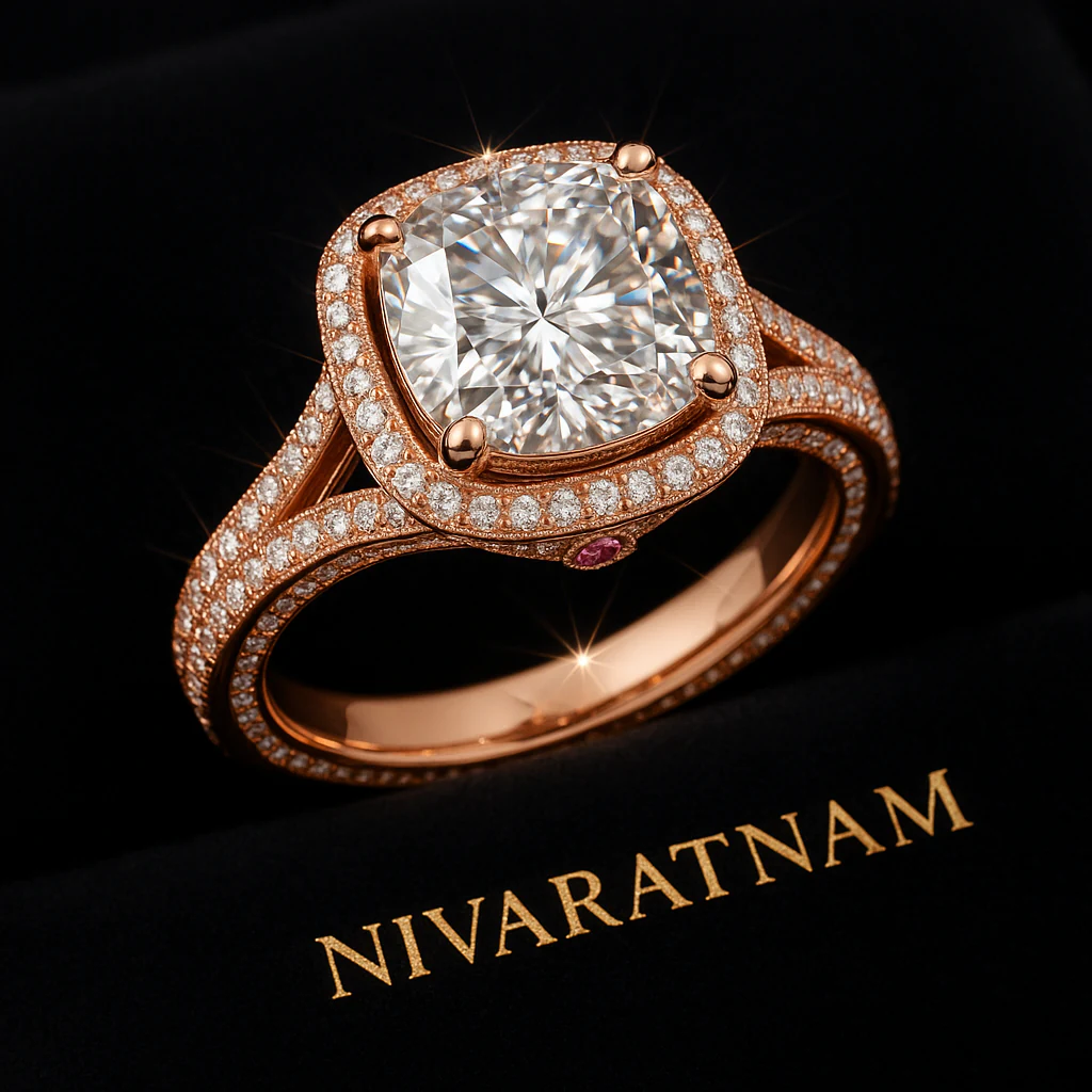 Cushion ring in rose gold, editorial view