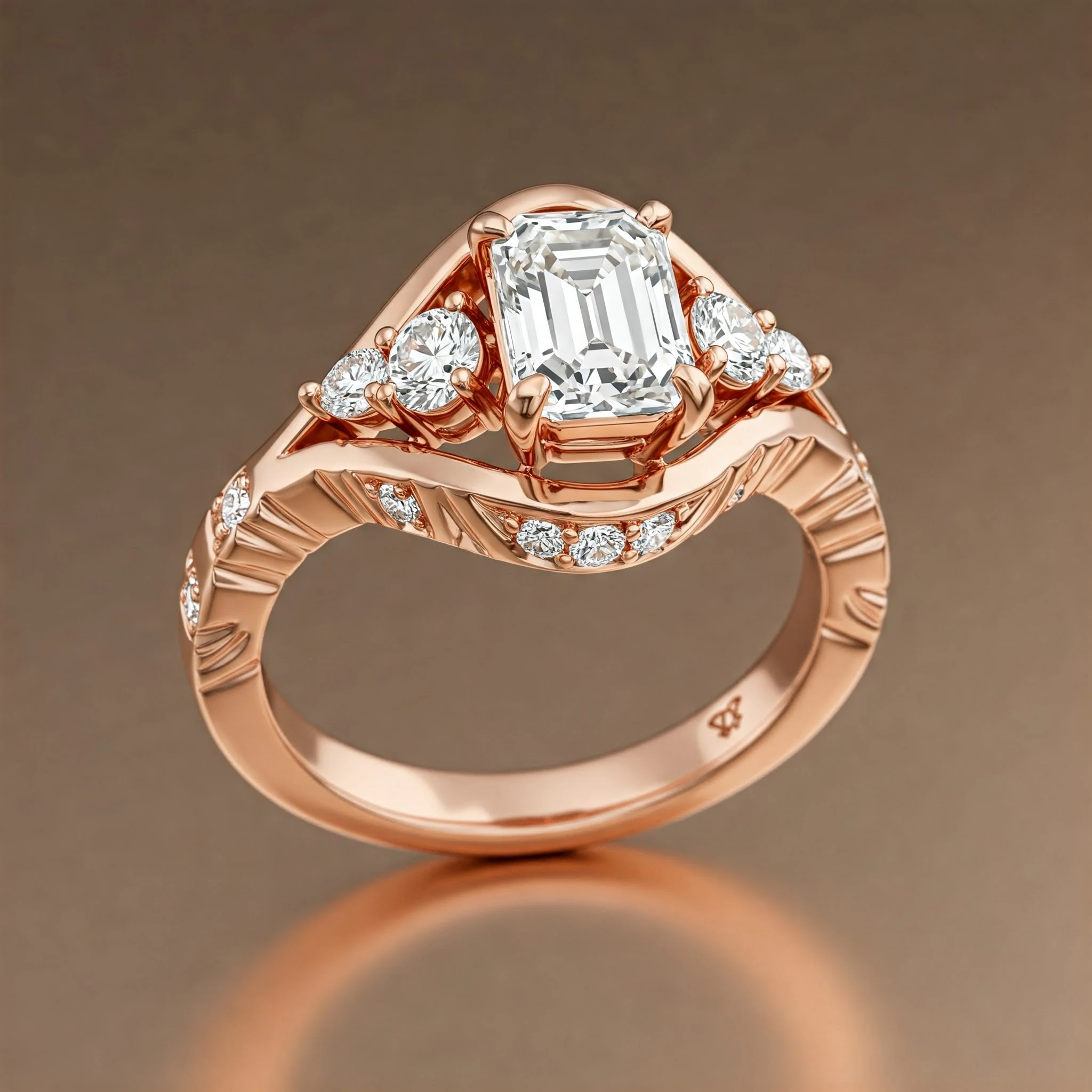Emerald ring in rose gold, rear-profile view