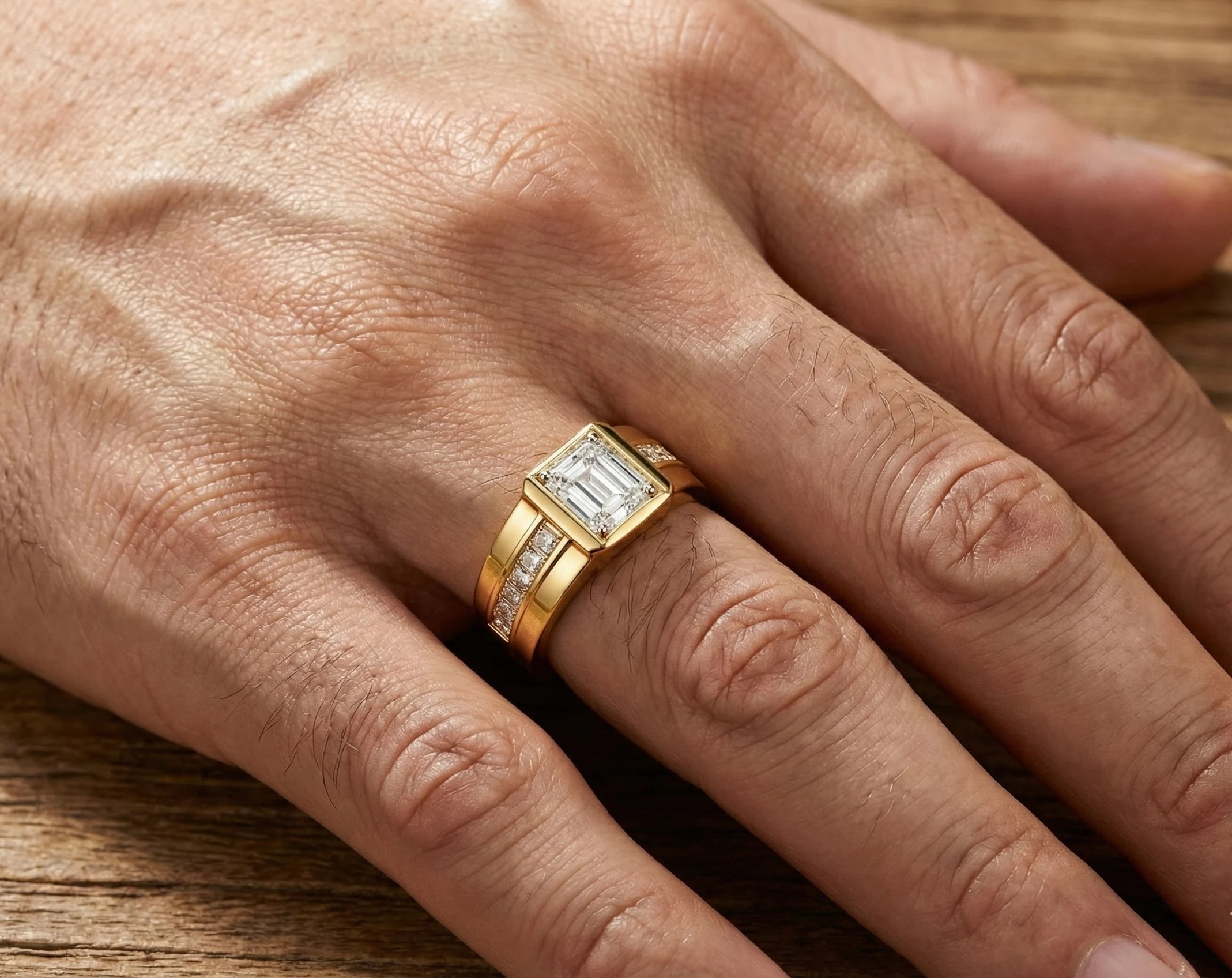 Emerald men's ring in yellow gold, lifestyle view